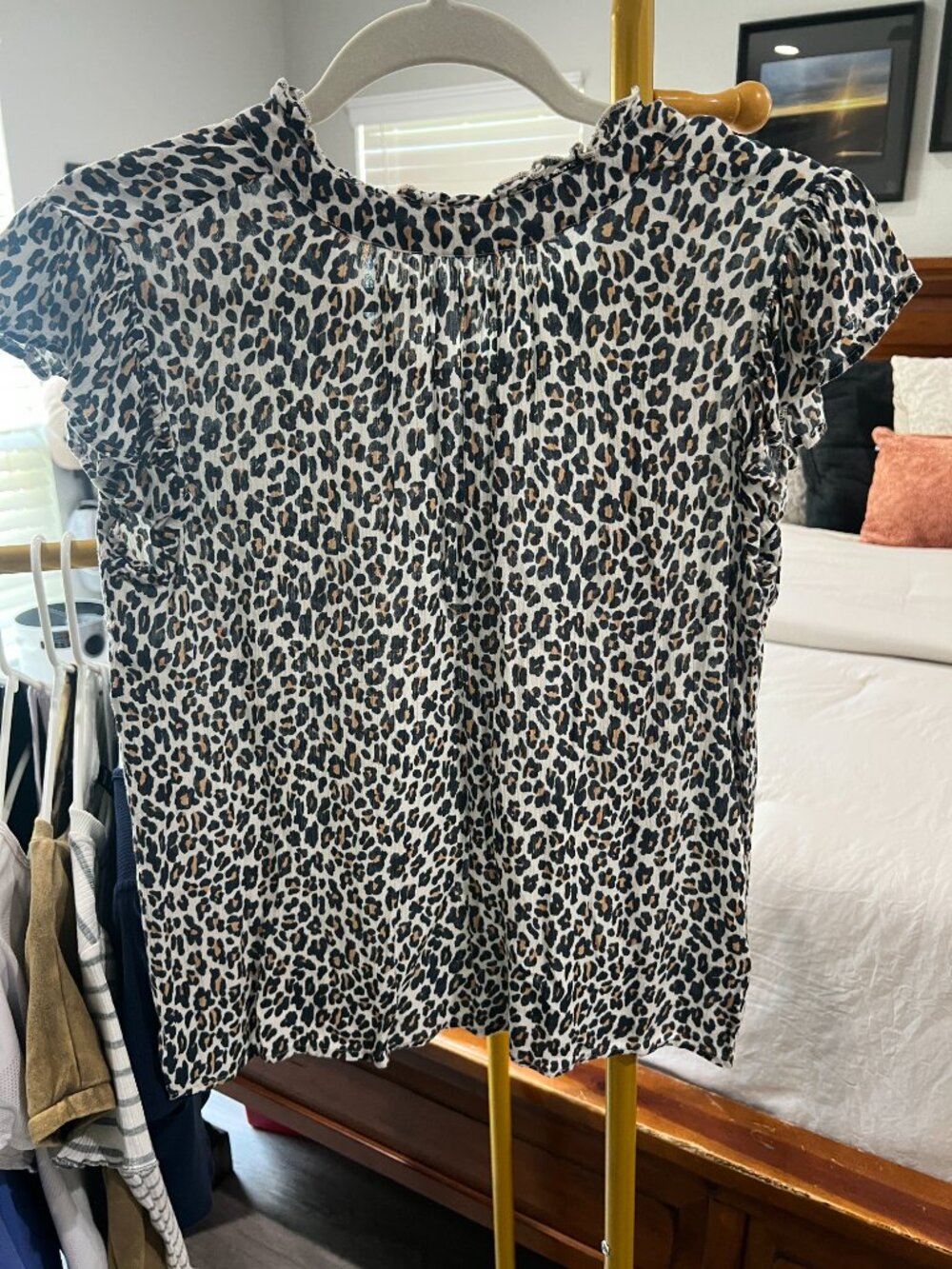 Leopard Print Ruffle Sleeve Mock Neck Blouse Size Small